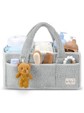 Plush Sherpa Diaper Caddy Organizer Baby Storage Nursery Car Basket Tote Bin